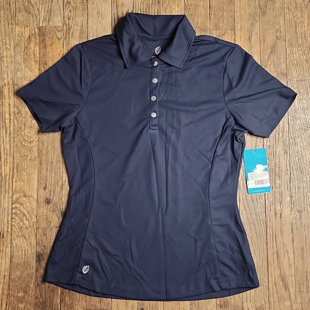 New! Navy Snap Button Tina Golf Short Sleeve Polo Shirt